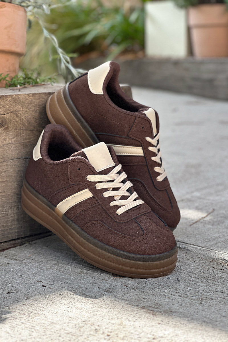 Chocolate Brown Suedette Sport Stripe Sneakers