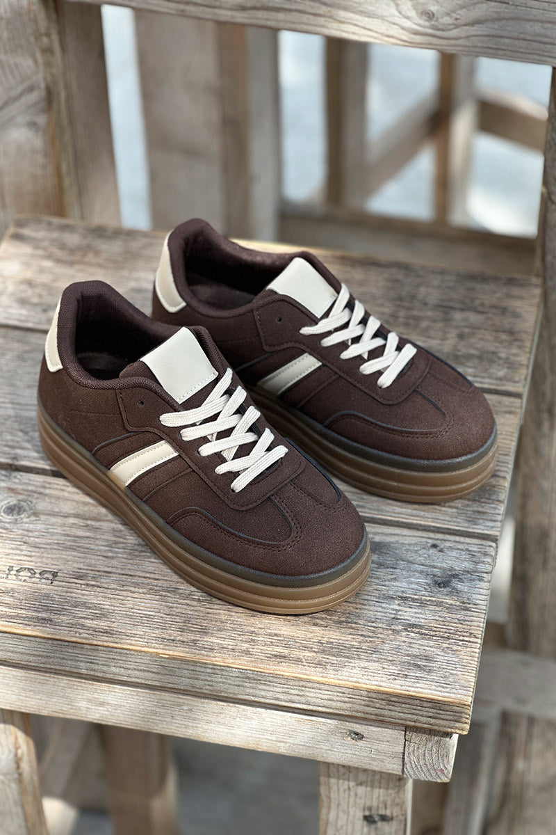 Chocolate Brown Suedette Sport Stripe Sneakers