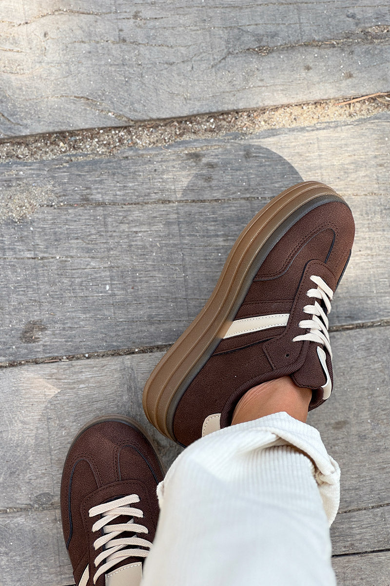 Chocolate Brown Suedette Sport Stripe Sneakers