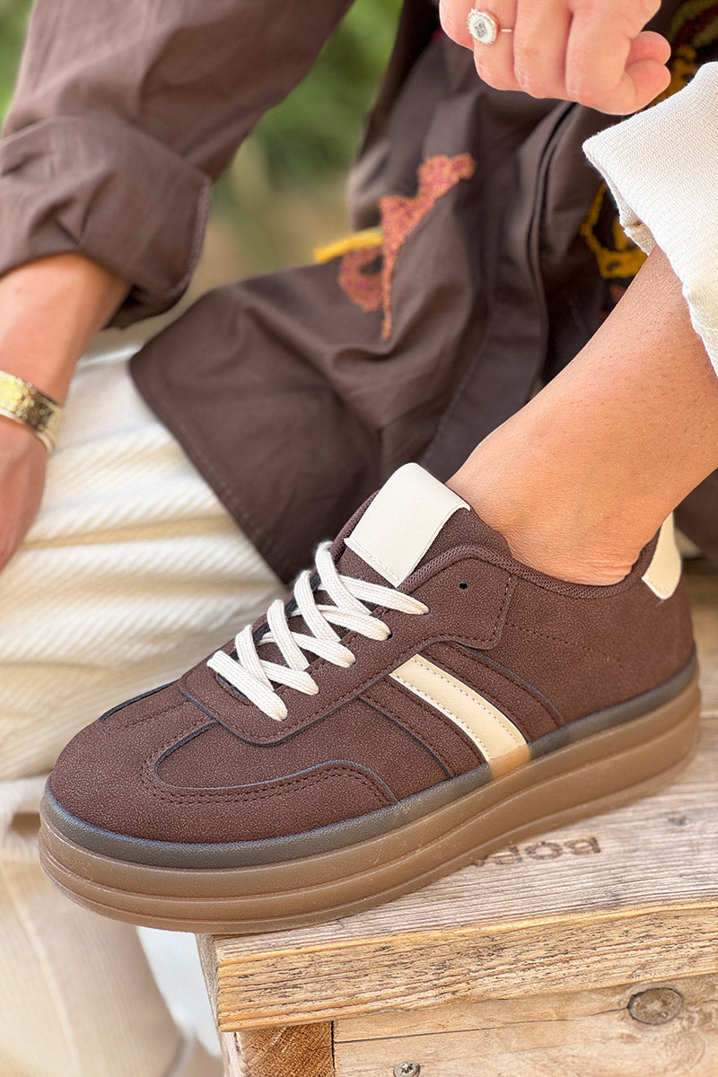 Chocolate Brown Suedette Sport Stripe Sneakers