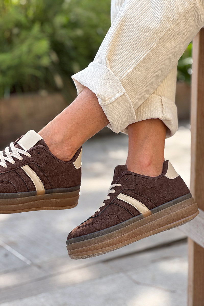 Chocolate Brown Suedette Sport Stripe Sneakers