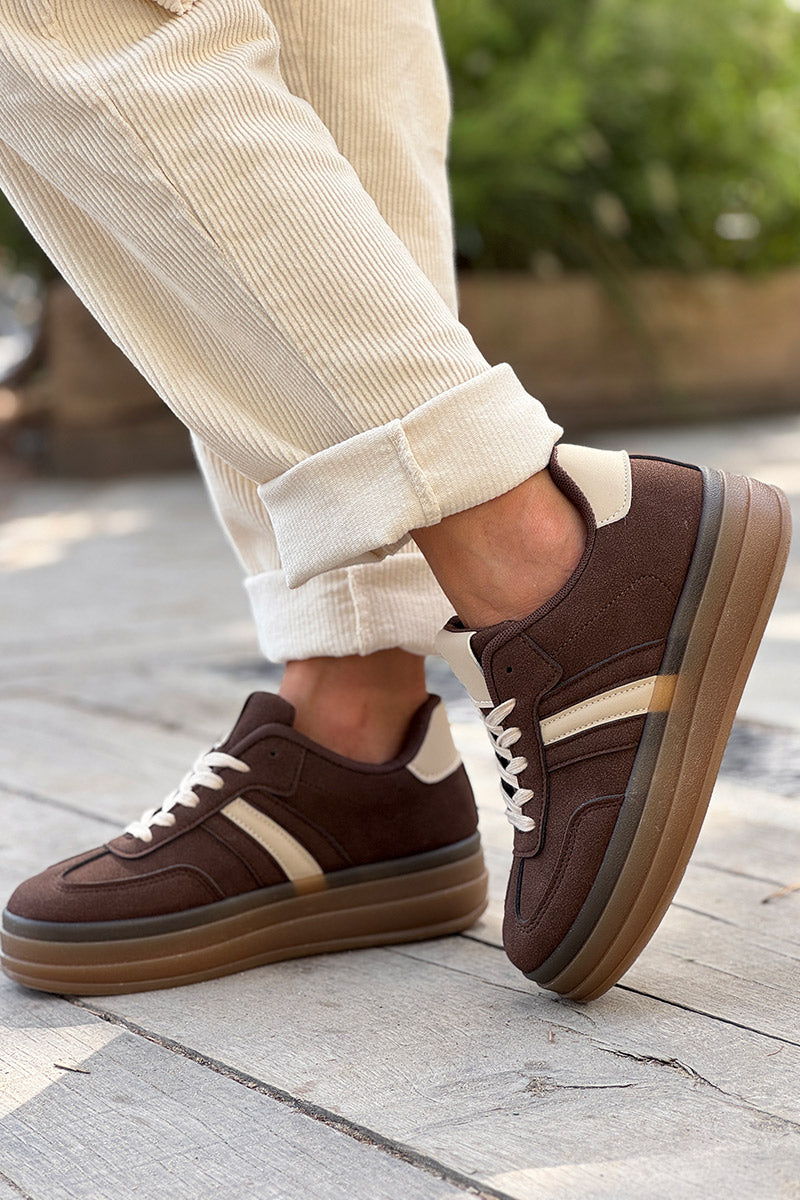 Chocolate Brown Suedette Sport Stripe Sneakers