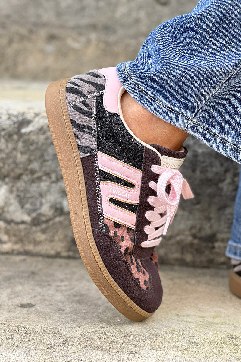 Tennis marron rayures et lacet rose pale détails léopard - Main Image