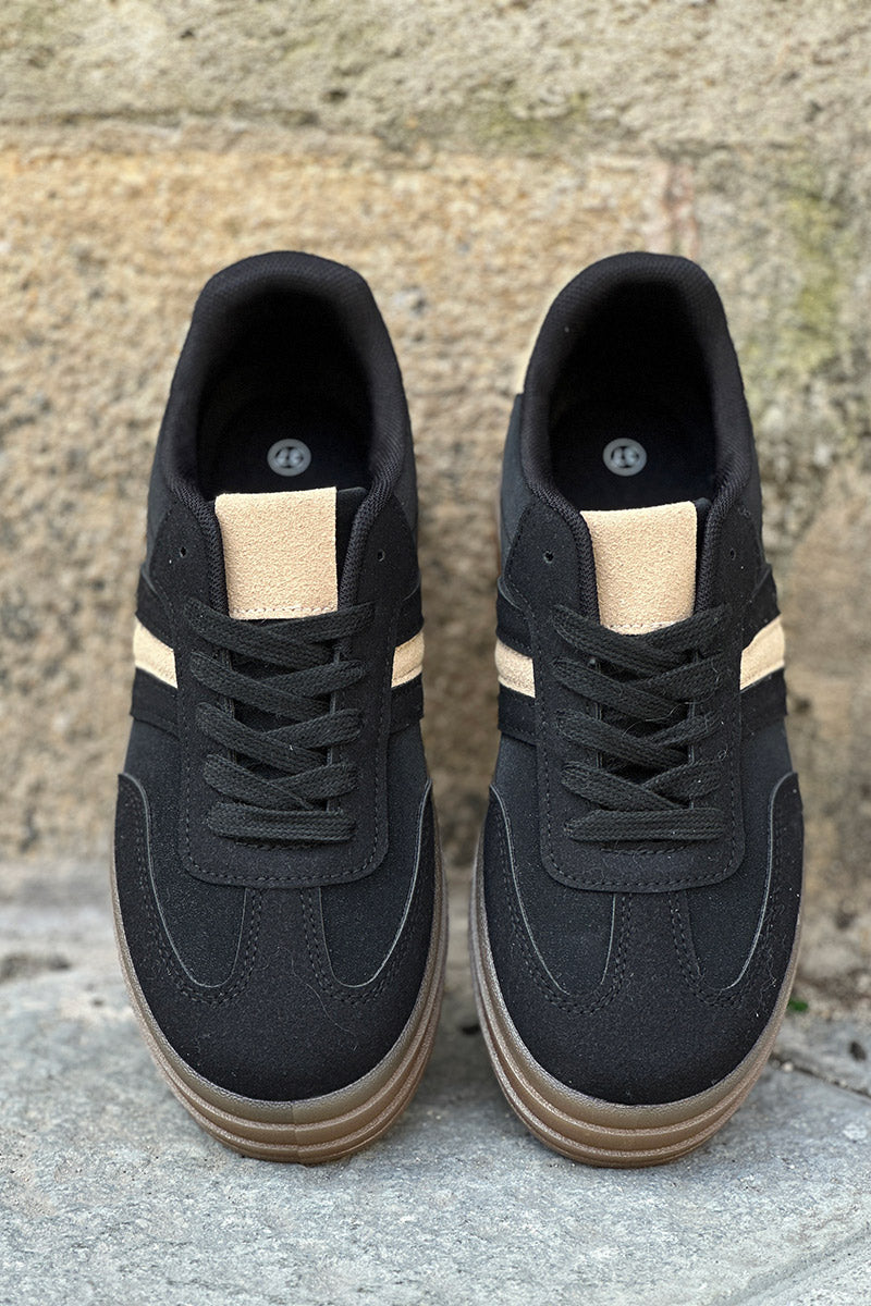 Tennis noires à plateforme rayure et talon en suédine beige
