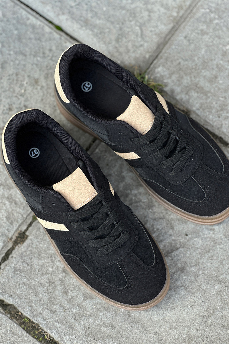 Tennis noires à plateforme rayure et talon en suédine beige
