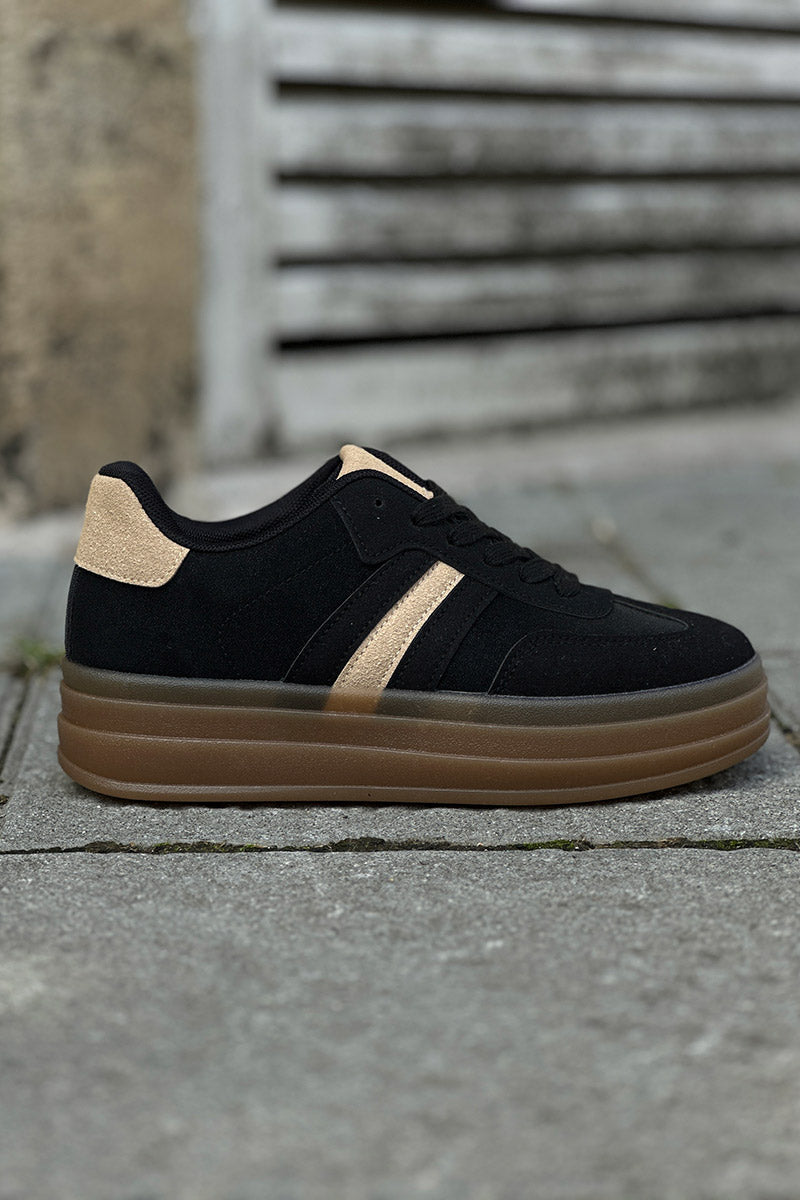 Tennis noires à plateforme rayure et talon en suédine beige