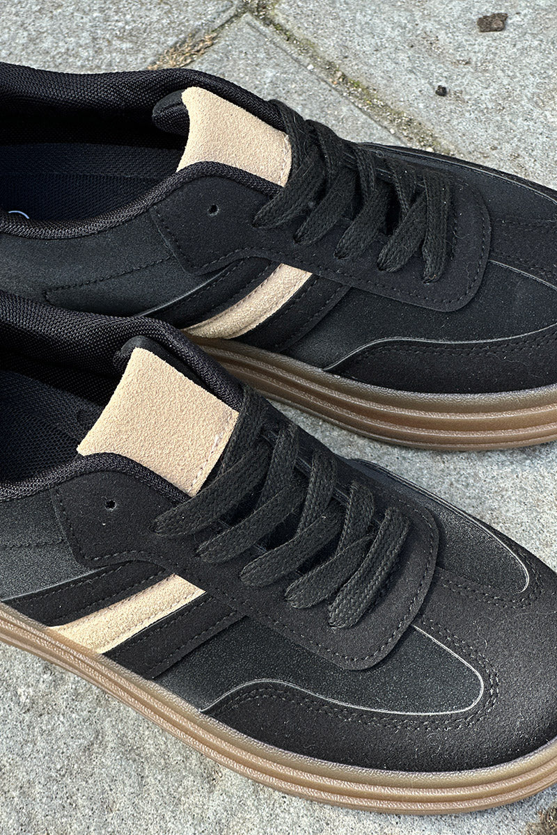 Tennis noires à plateforme rayure et talon en suédine beige