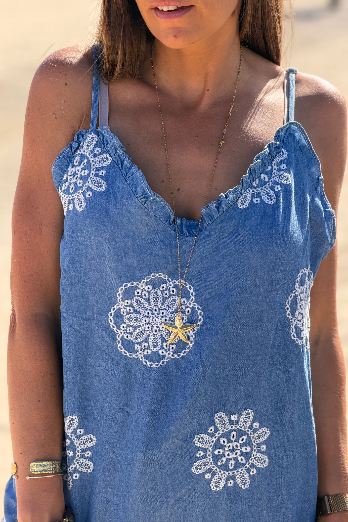 Blue Jean Chambray Woven Lace Tank Top