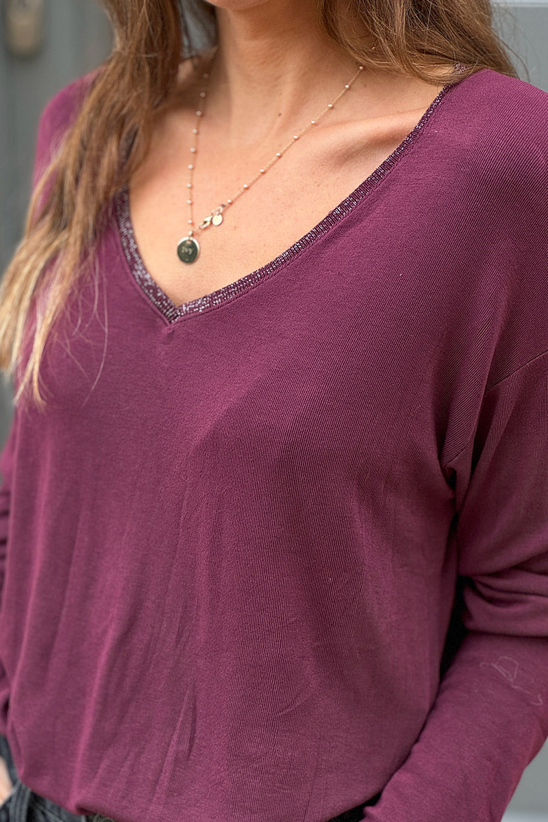 Burgundy Sparkle V-Neck Viscose Top
