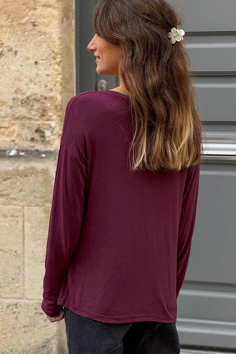 Burgundy Sparkle V-Neck Viscose Top