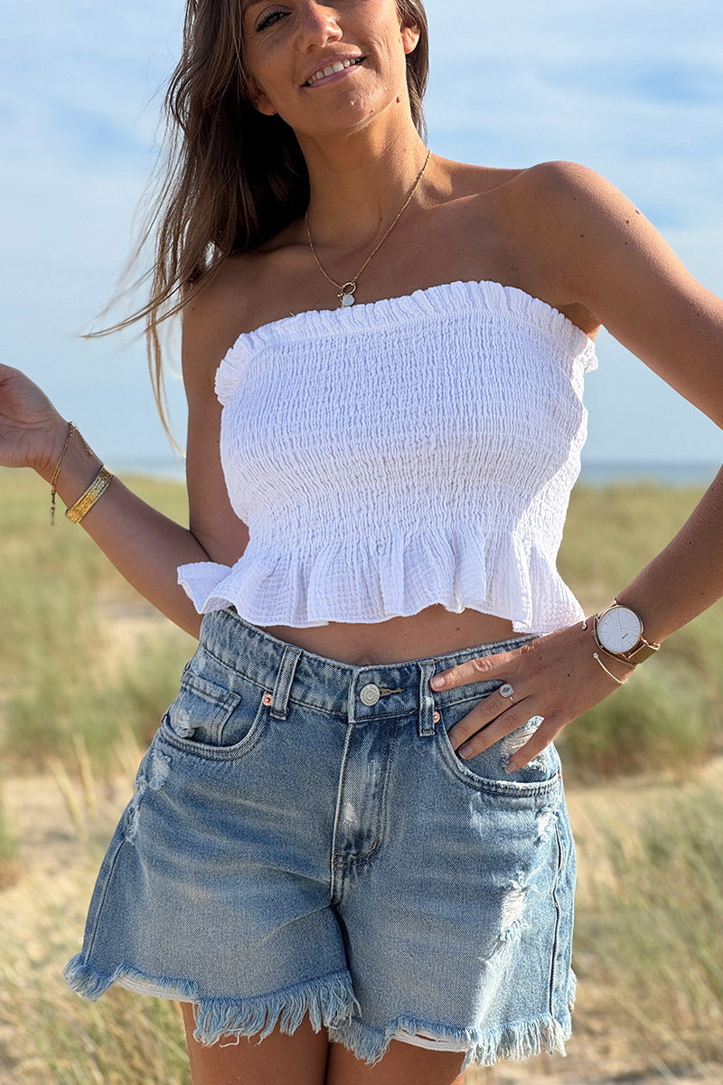 Top bandeau smocké élastiqué blanc en gaze de coton avec volants