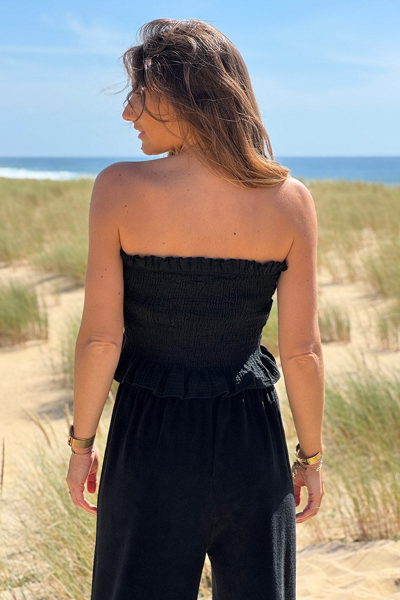 Top bandeau smocké élastiqué noir en gaze de coton avec volants
