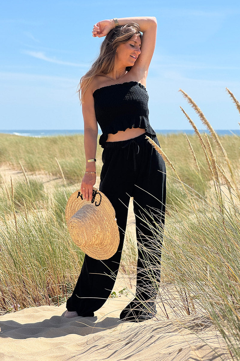 Top bandeau smocké élastiqué noir en gaze de coton avec volants
