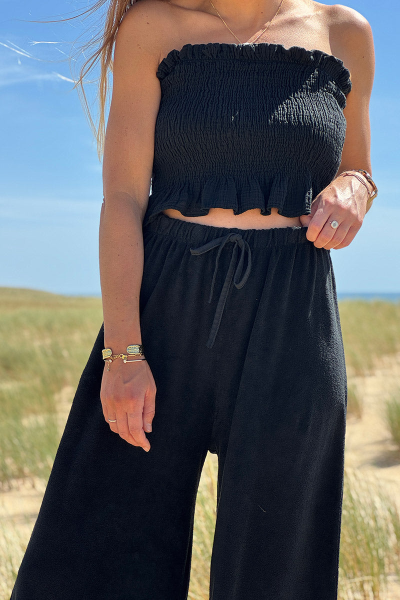 Top bandeau smocké élastiqué noir en gaze de coton avec volants