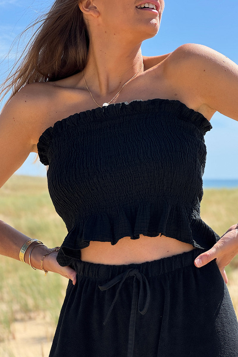Top bandeau smocké élastiqué noir en gaze de coton avec volants