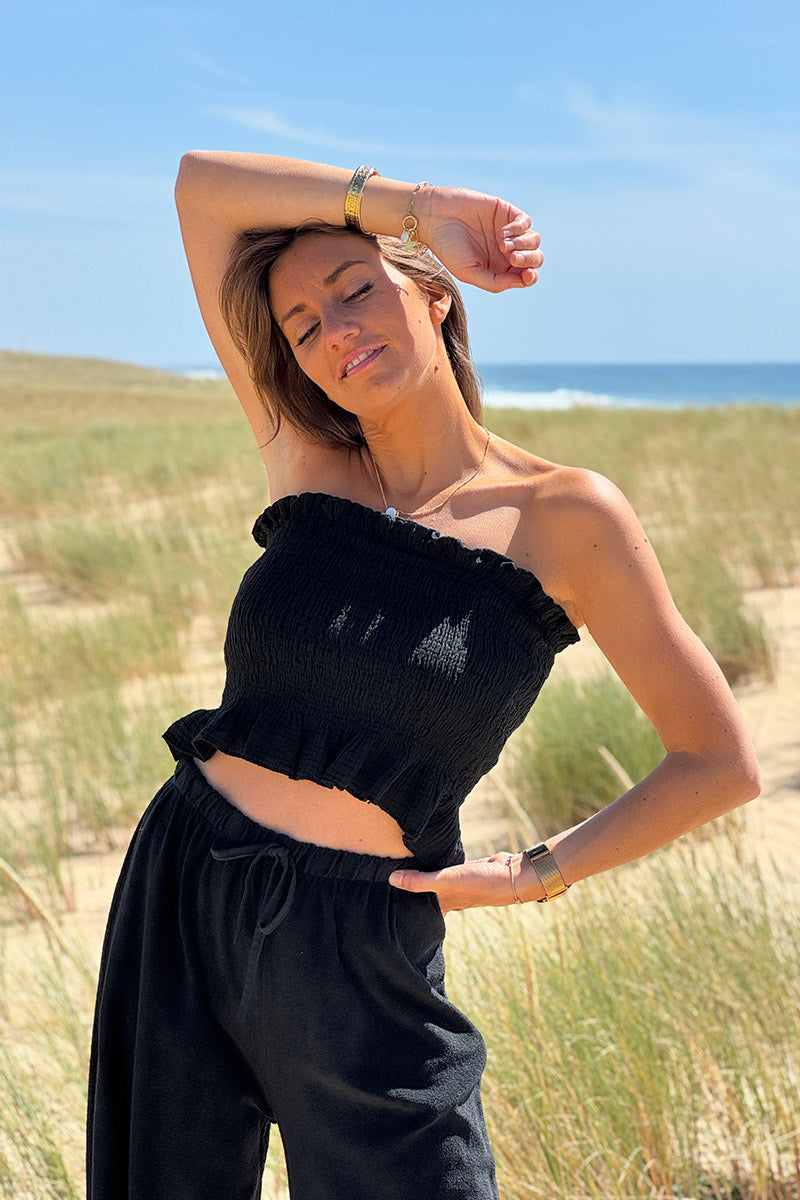 Top bandeau smocké élastiqué noir en gaze de coton avec volants