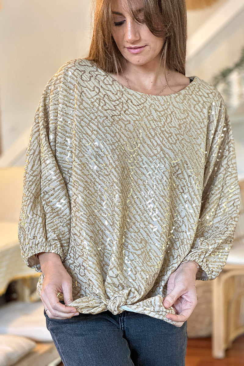 Gold Sequin Patterned Tie-Front Blouse
