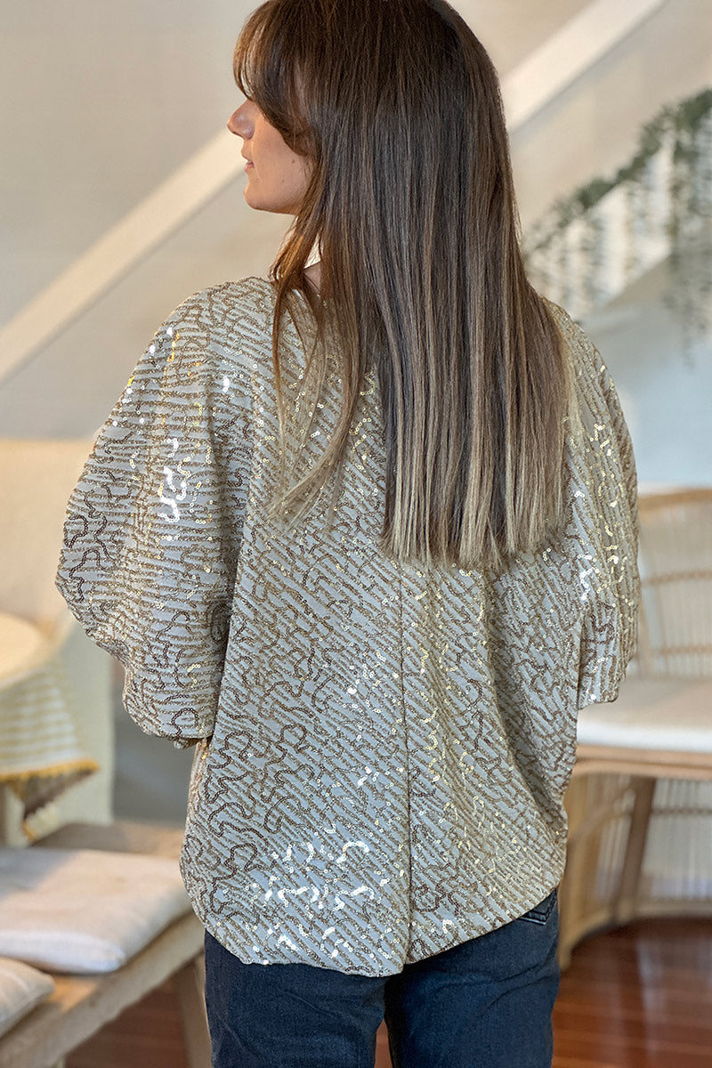 Gold Sequin Patterned Tie-Front Blouse