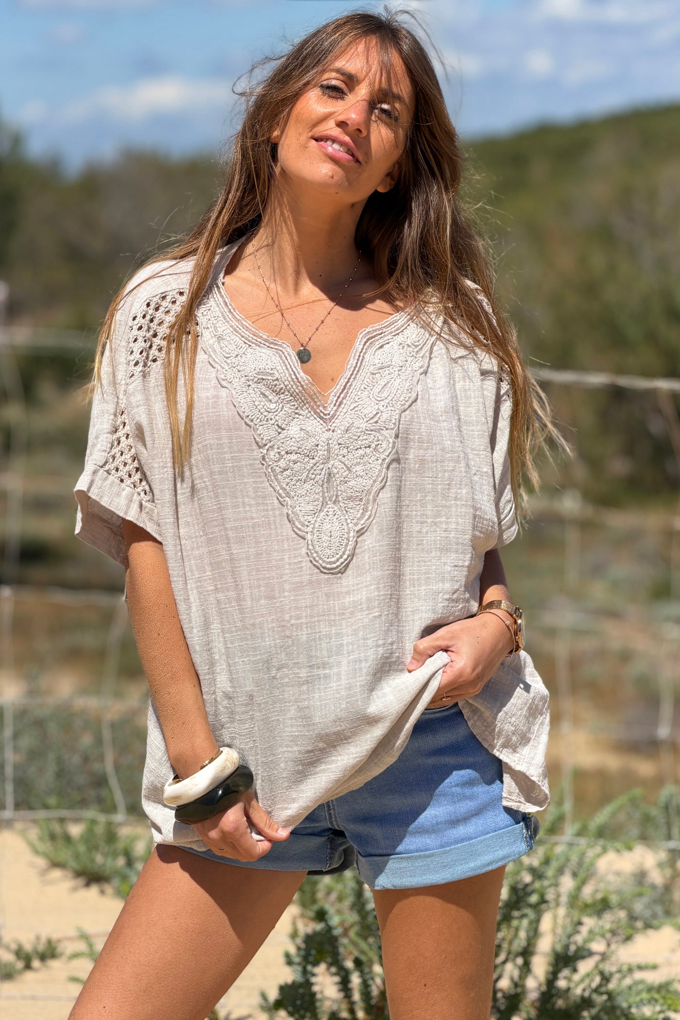 Taupe Crochet Sleeve Linen Tunic