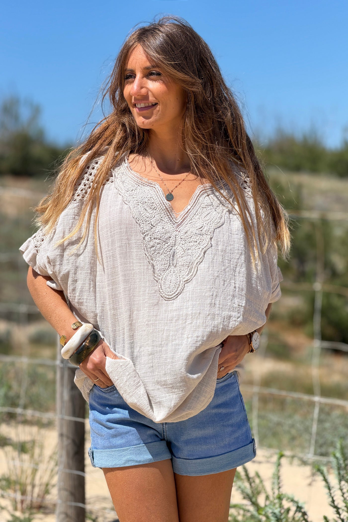 Taupe Crochet Sleeve Linen Tunic