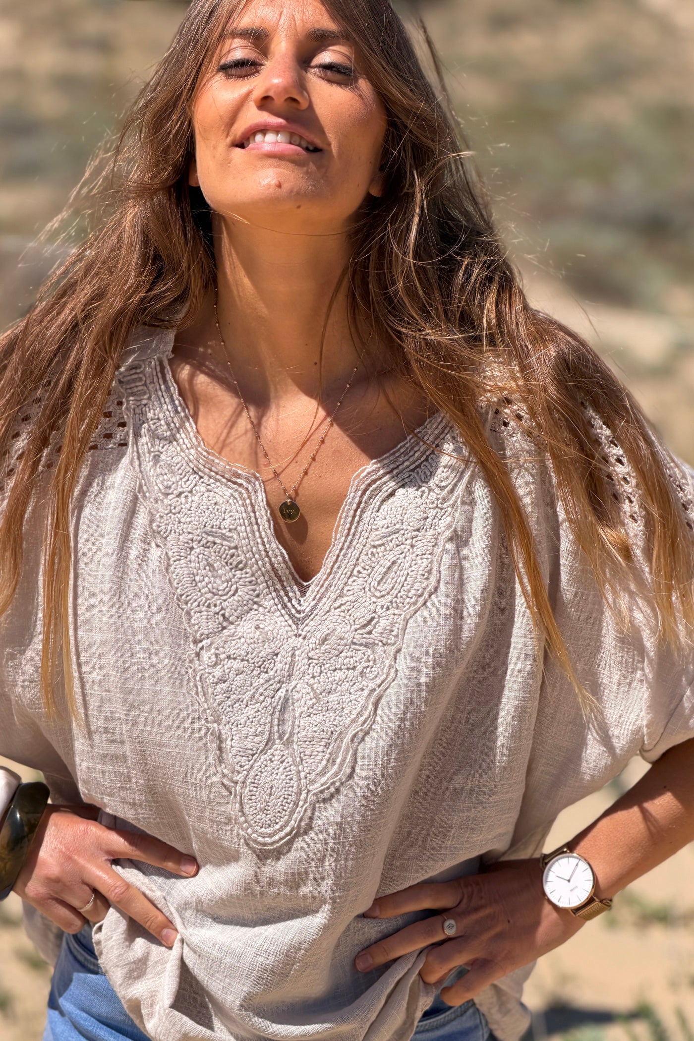 Taupe Crochet Sleeve Linen Tunic