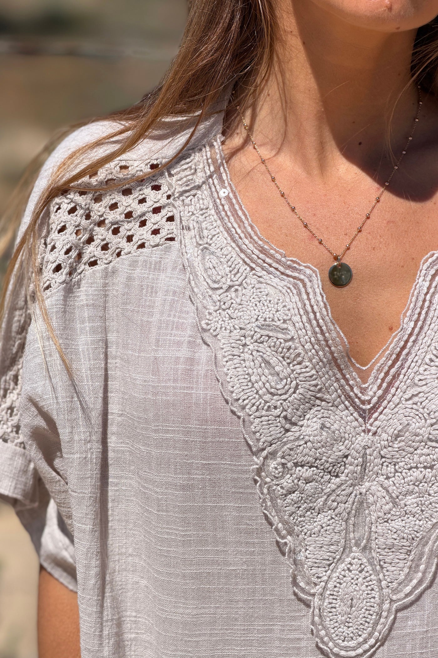 Taupe Crochet Sleeve Linen Tunic