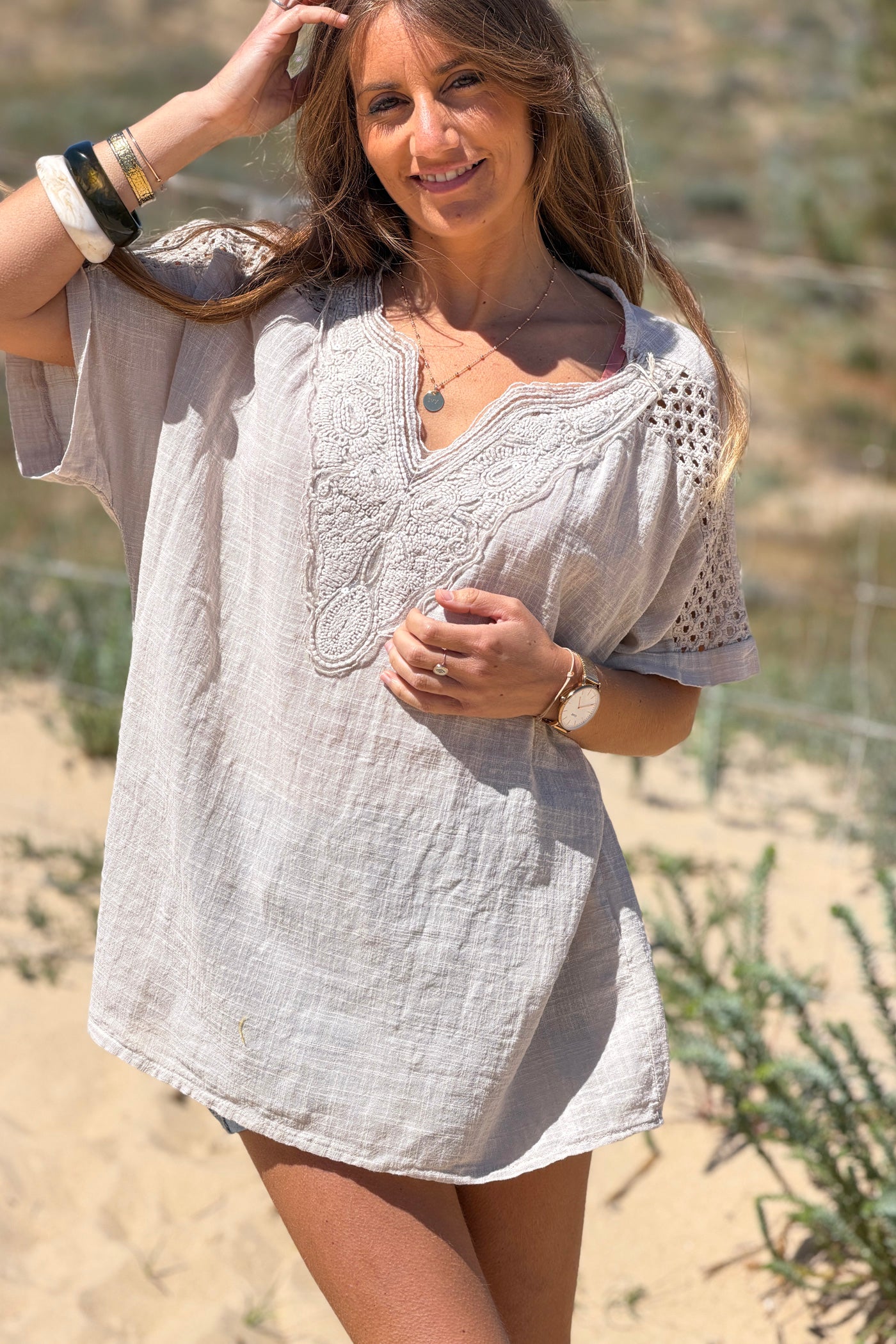 Taupe Crochet Sleeve Linen Tunic