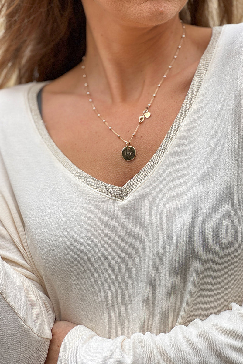 Beige Sparkle V-Neck Viscose Top