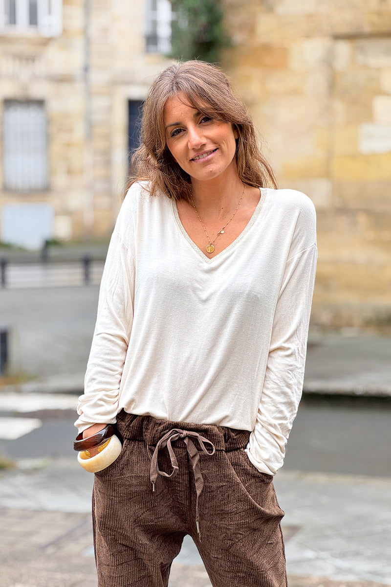 Beige Sparkle V-Neck Viscose Top