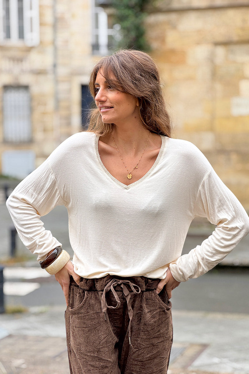 Beige Sparkle V-Neck Viscose Top