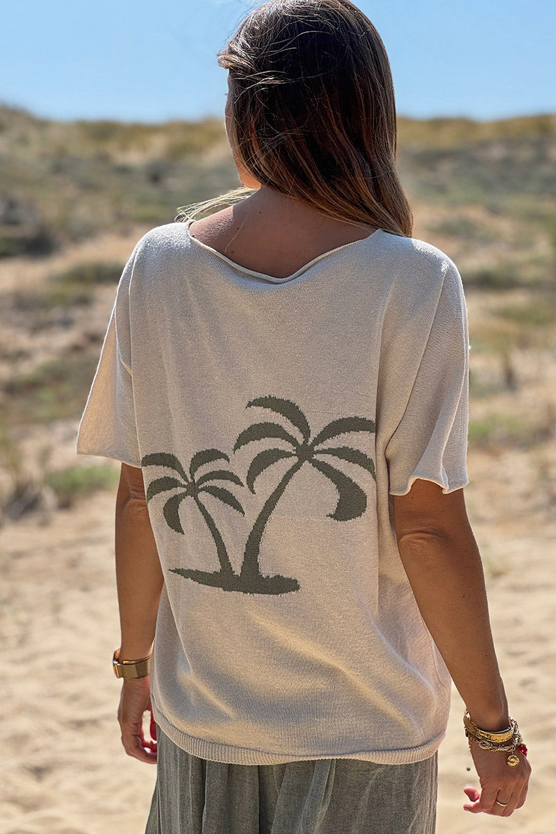 Cream V-Neck Palm Knit Blouse