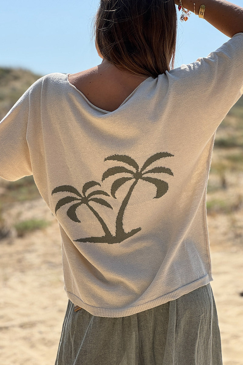 Cream V-Neck Palm Knit Blouse