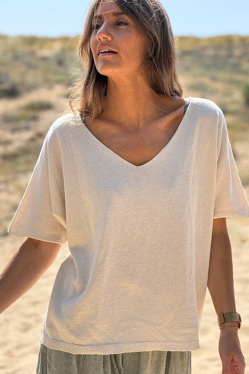 Cream V-Neck Palm Knit Blouse