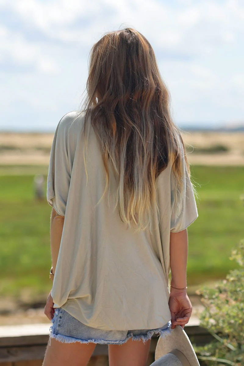 Relaxed fit beige v-neck top