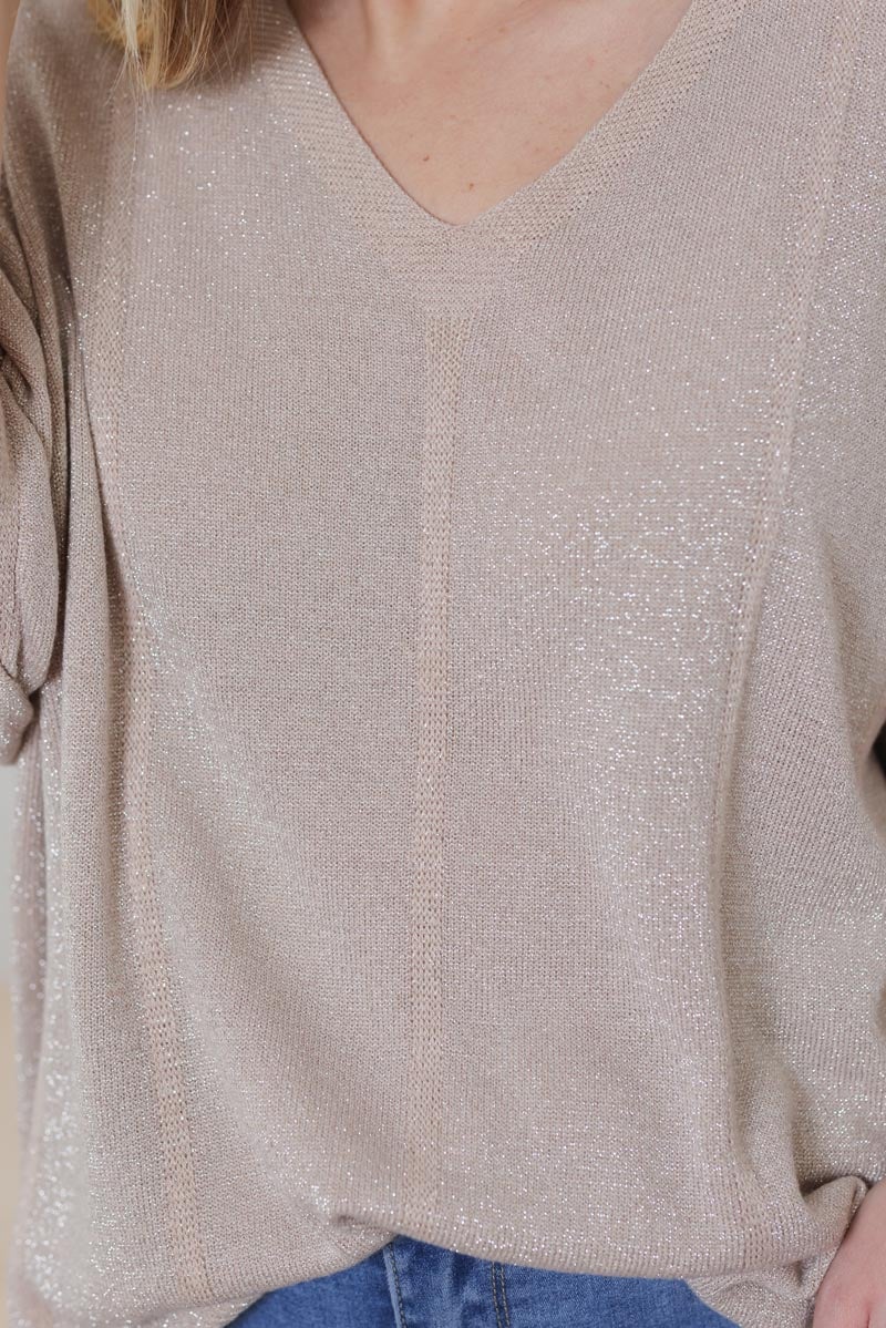 Top beige petite maille lurex brillant rayures relief h021 (1)