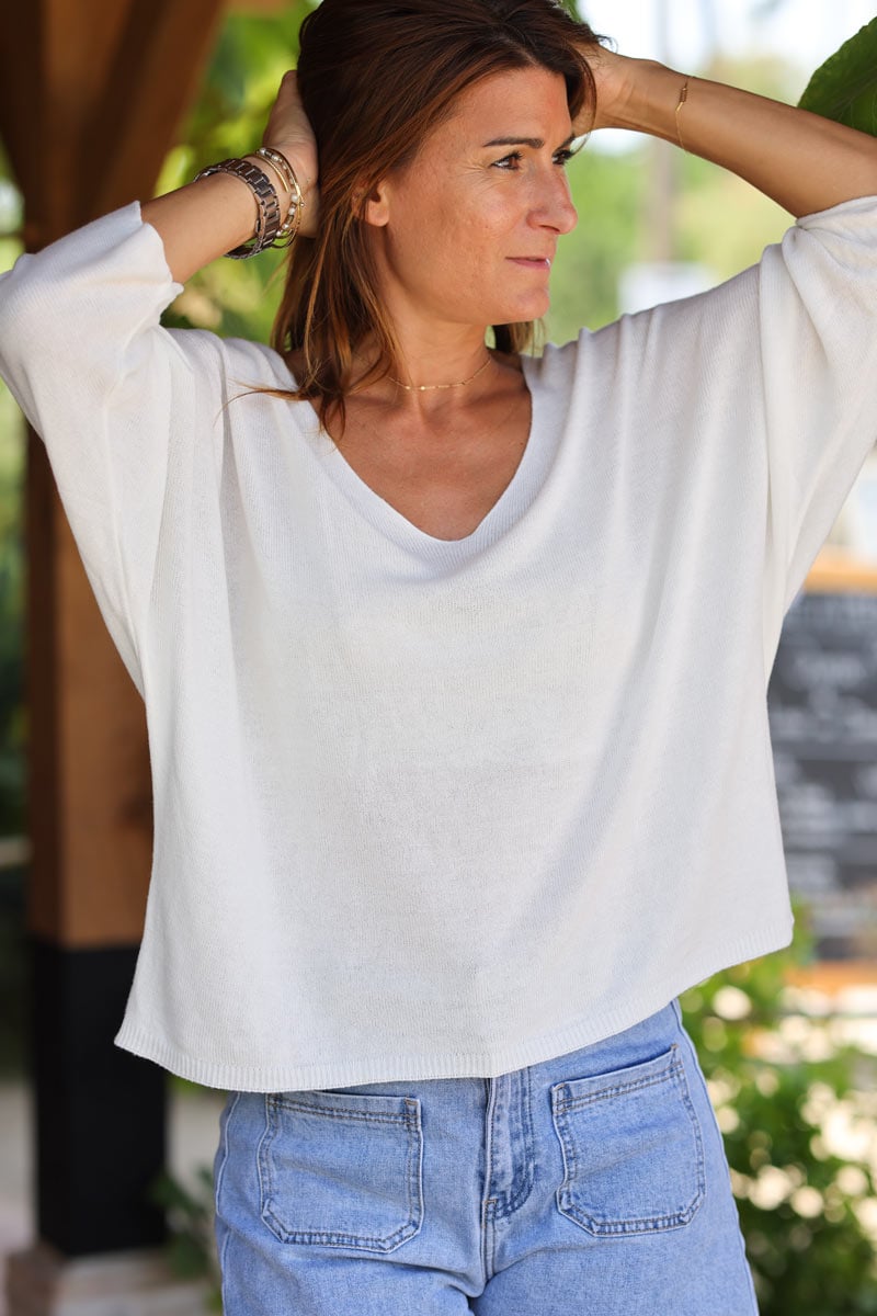 Top blanc cassé jersey manches chauve souris e161 (1)