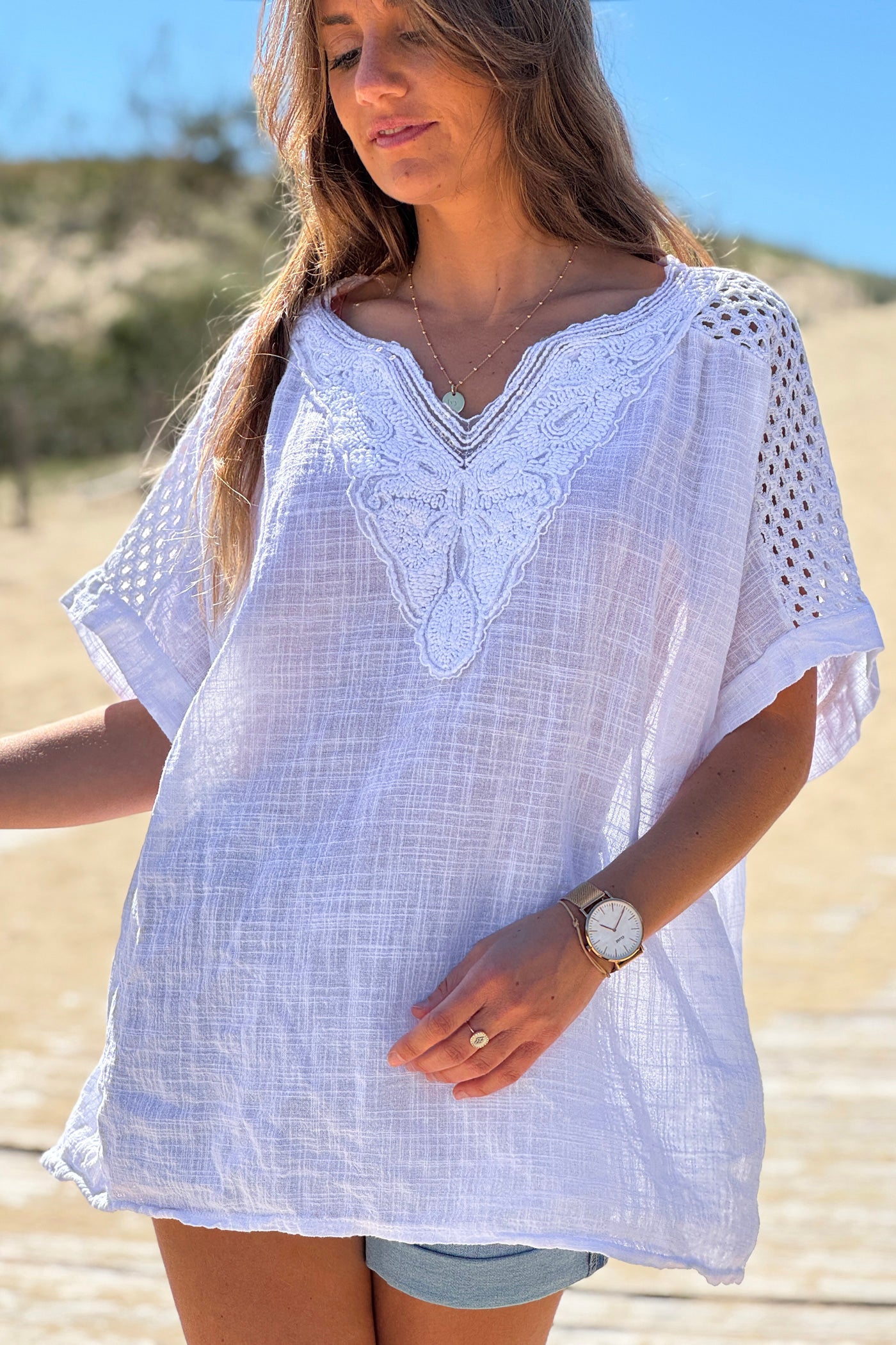 White Crochet Sleeve Linen Tunic