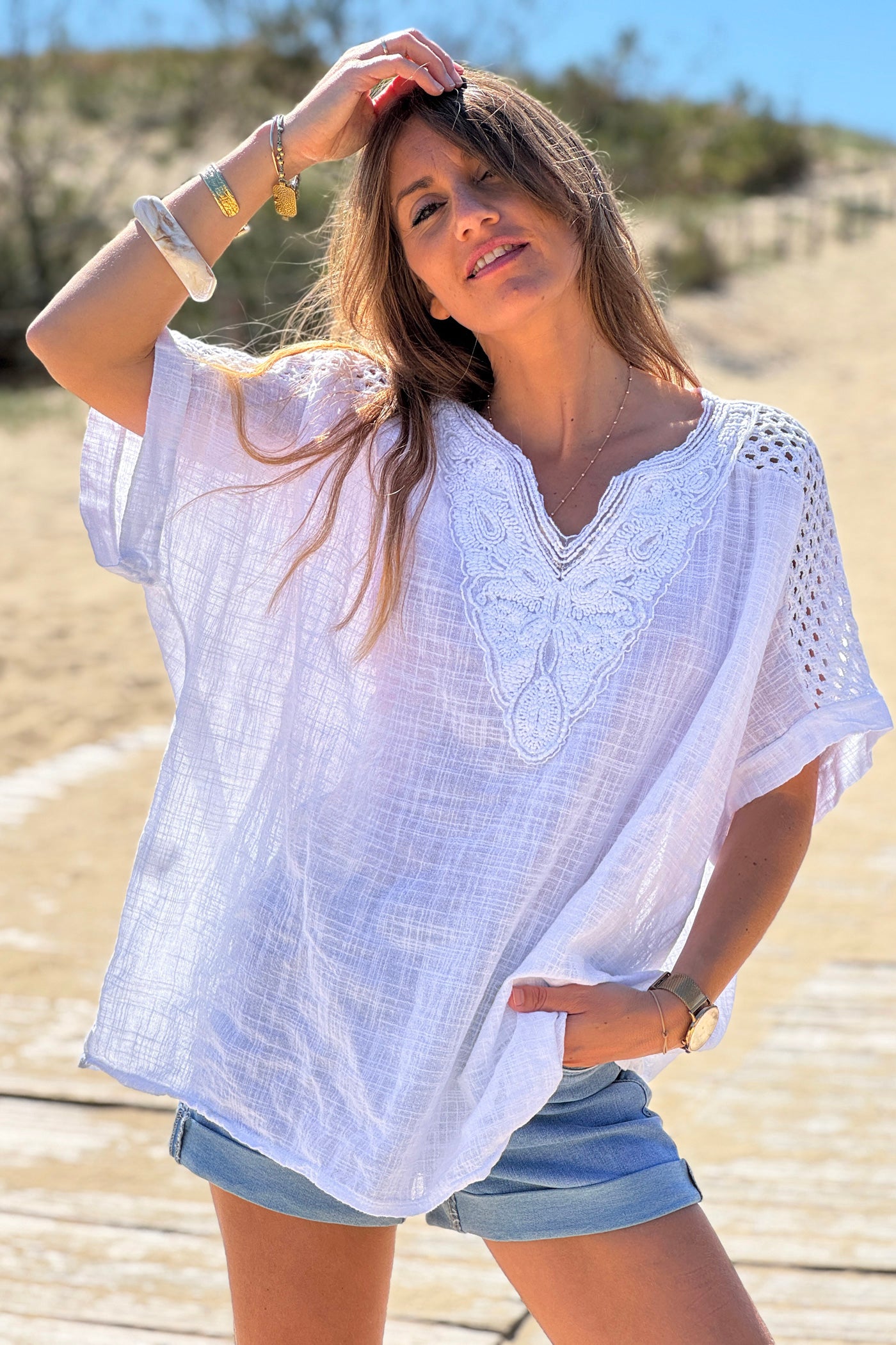 White Crochet Sleeve Linen Tunic