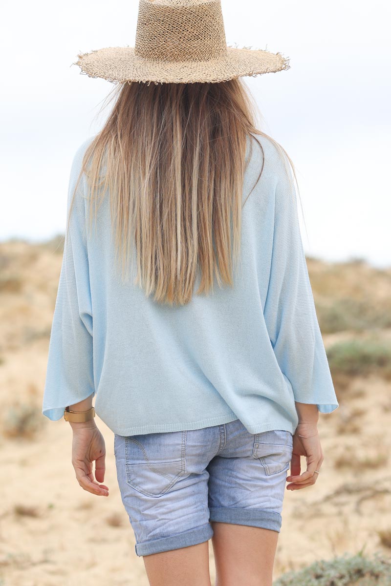 Top bleu ciel jersey manches chauve souris E161 (1)