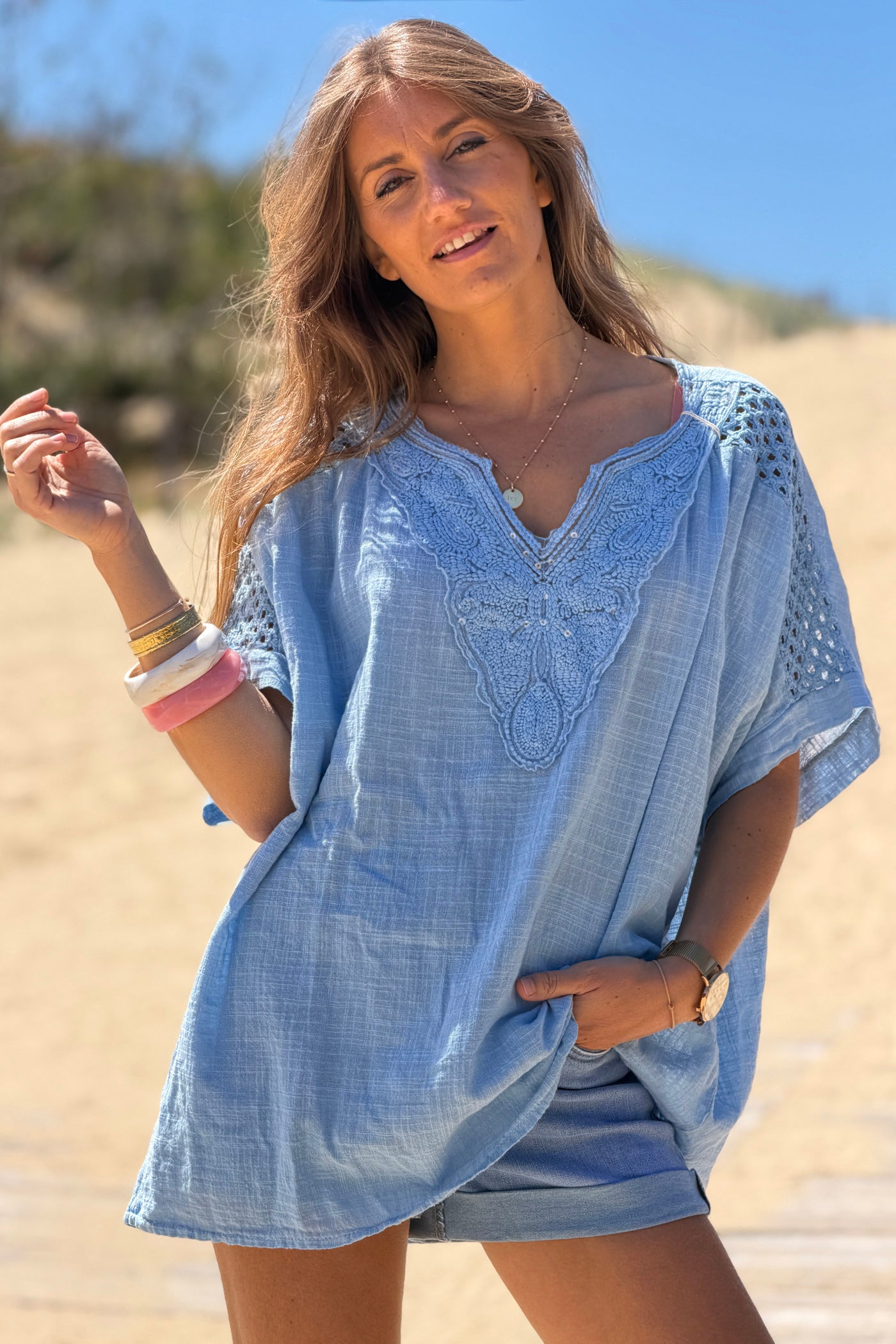 Dusty Blue Crochet Sleeve Linen Tunic