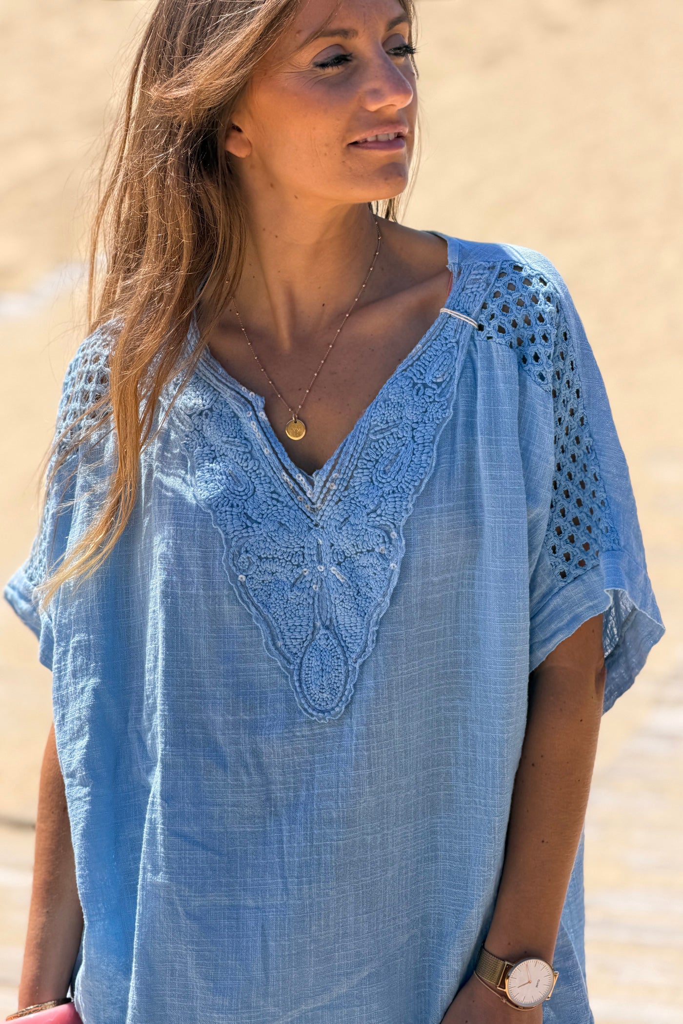 Dusty Blue Crochet Sleeve Linen Tunic