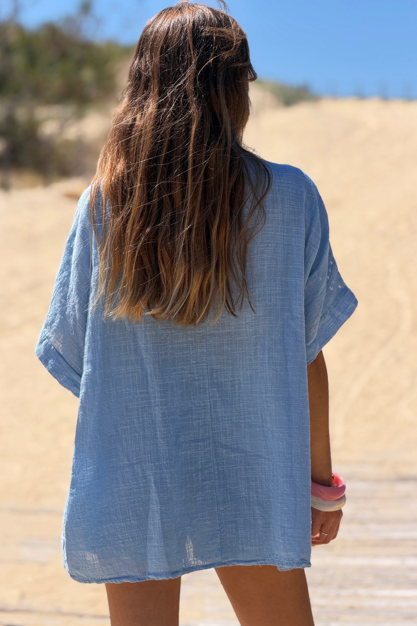 Dusty Blue Crochet Sleeve Linen Tunic