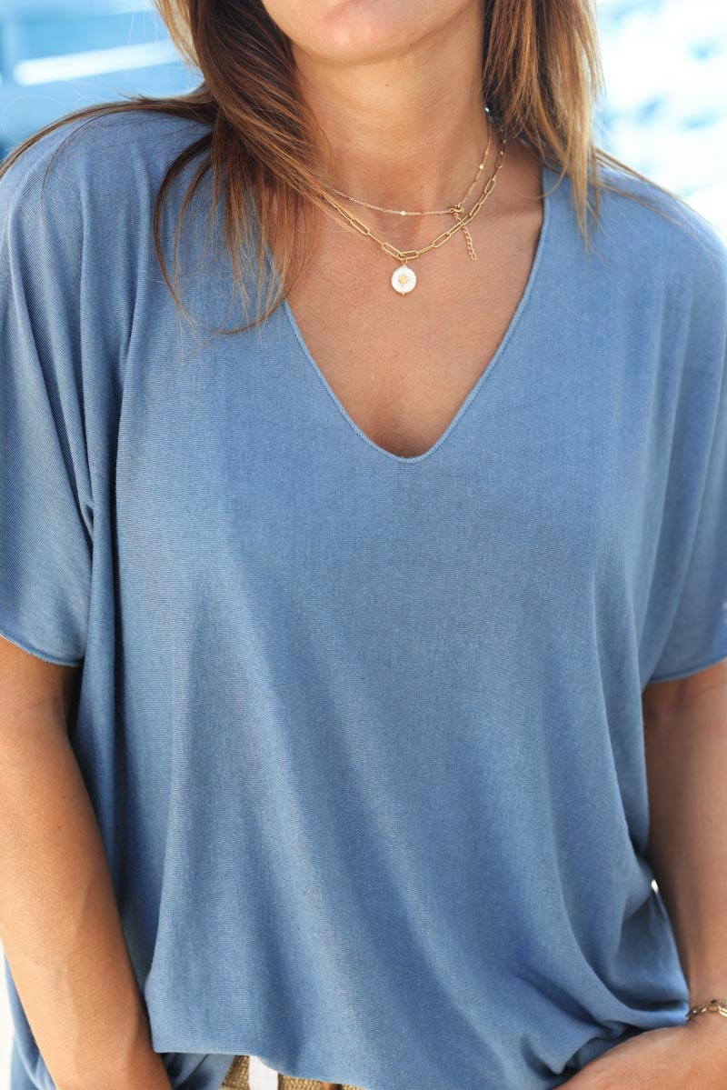 Top bleu jean fluide confort et stretch col v