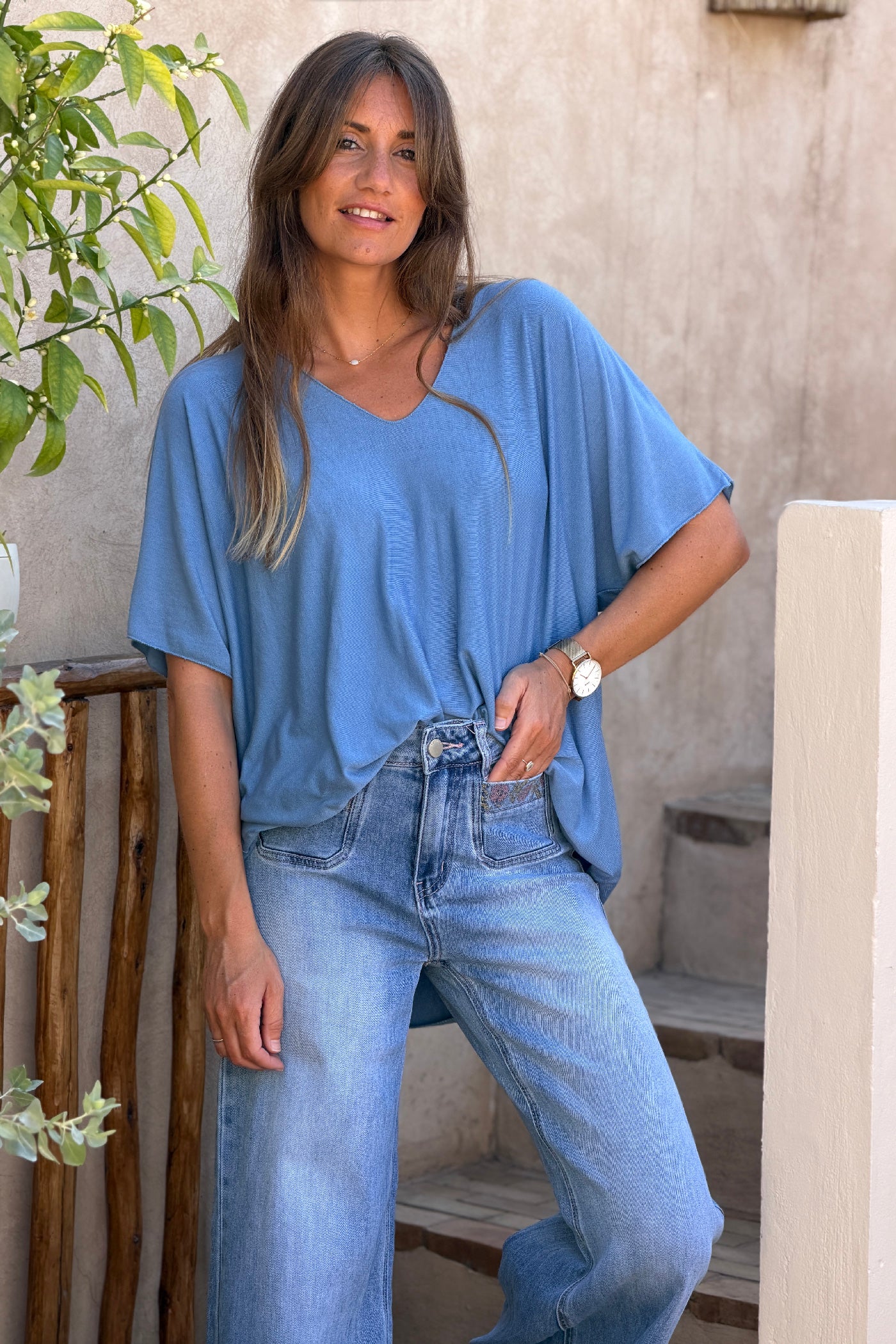 Relaxed fit dusty blue v-neck top