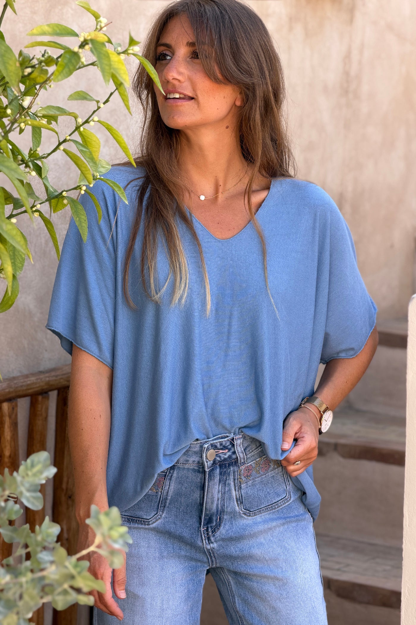 Relaxed fit dusty blue v-neck top