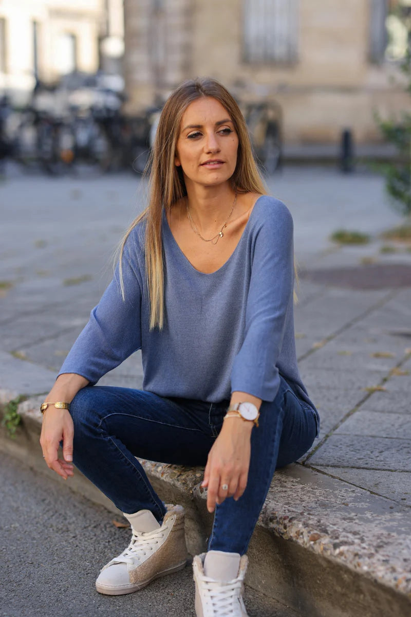 Top bleu jean foncé jersey manches chauve souris