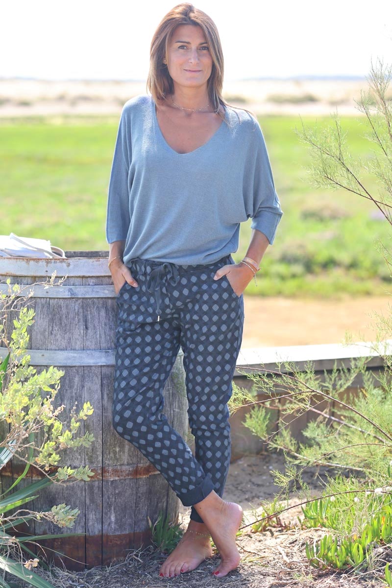 Top bleu jean jersey manches chauve souris pull fin ample pour femme E161