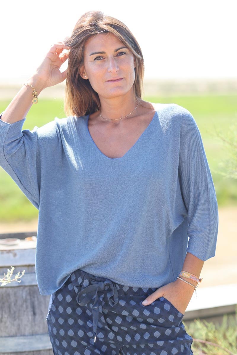 Top bleu jean jersey manches chauve souris pull fin ample pour femme E161
