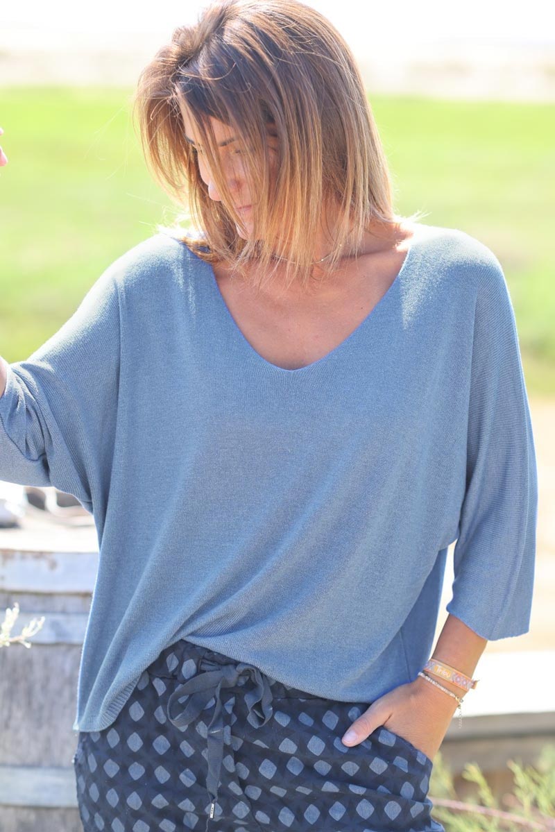 Top bleu jean jersey manches chauve souris pull fin ample pour femme E161