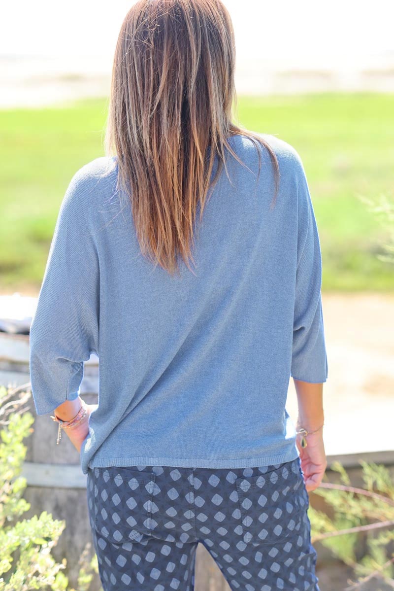 Top bleu jean jersey manches chauve souris pull fin ample pour femme E161